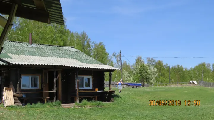 Деревянные домики у реки летом